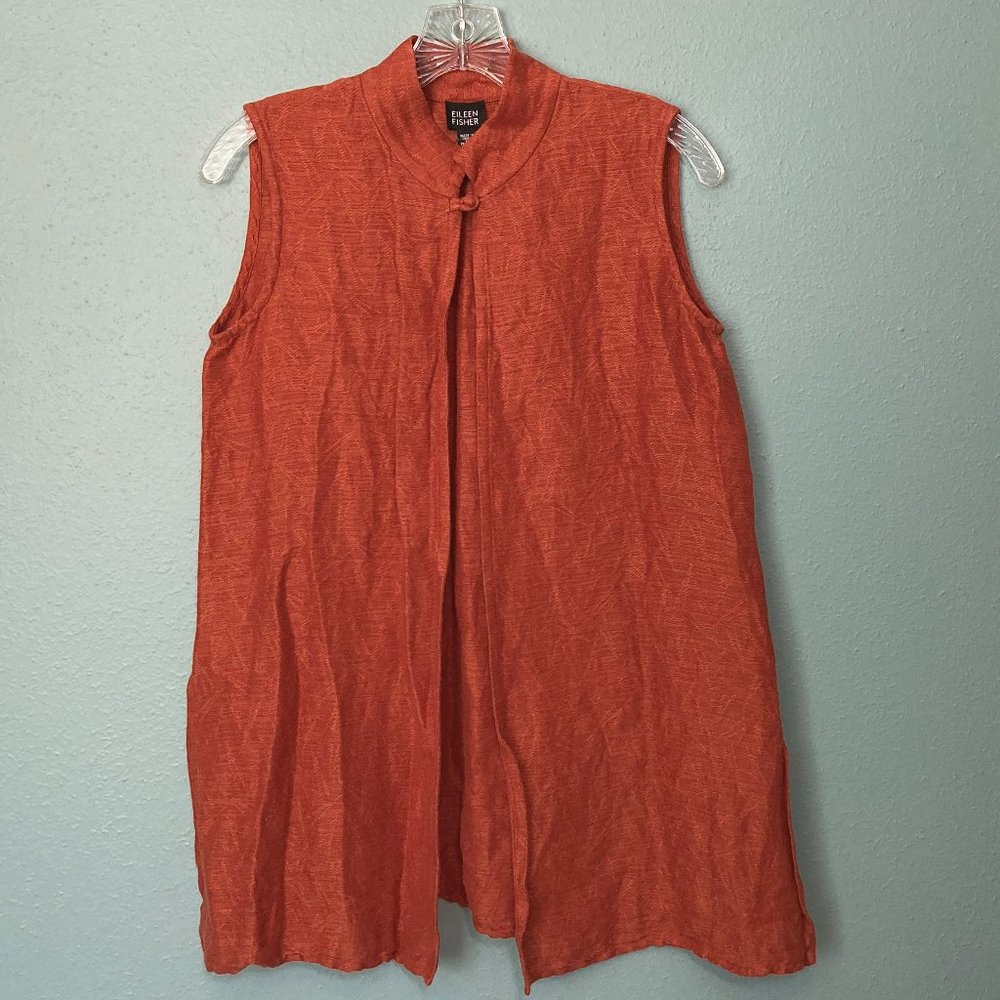 Eileen Fisher one-button mandarin collar sleeveless long linen blend vest